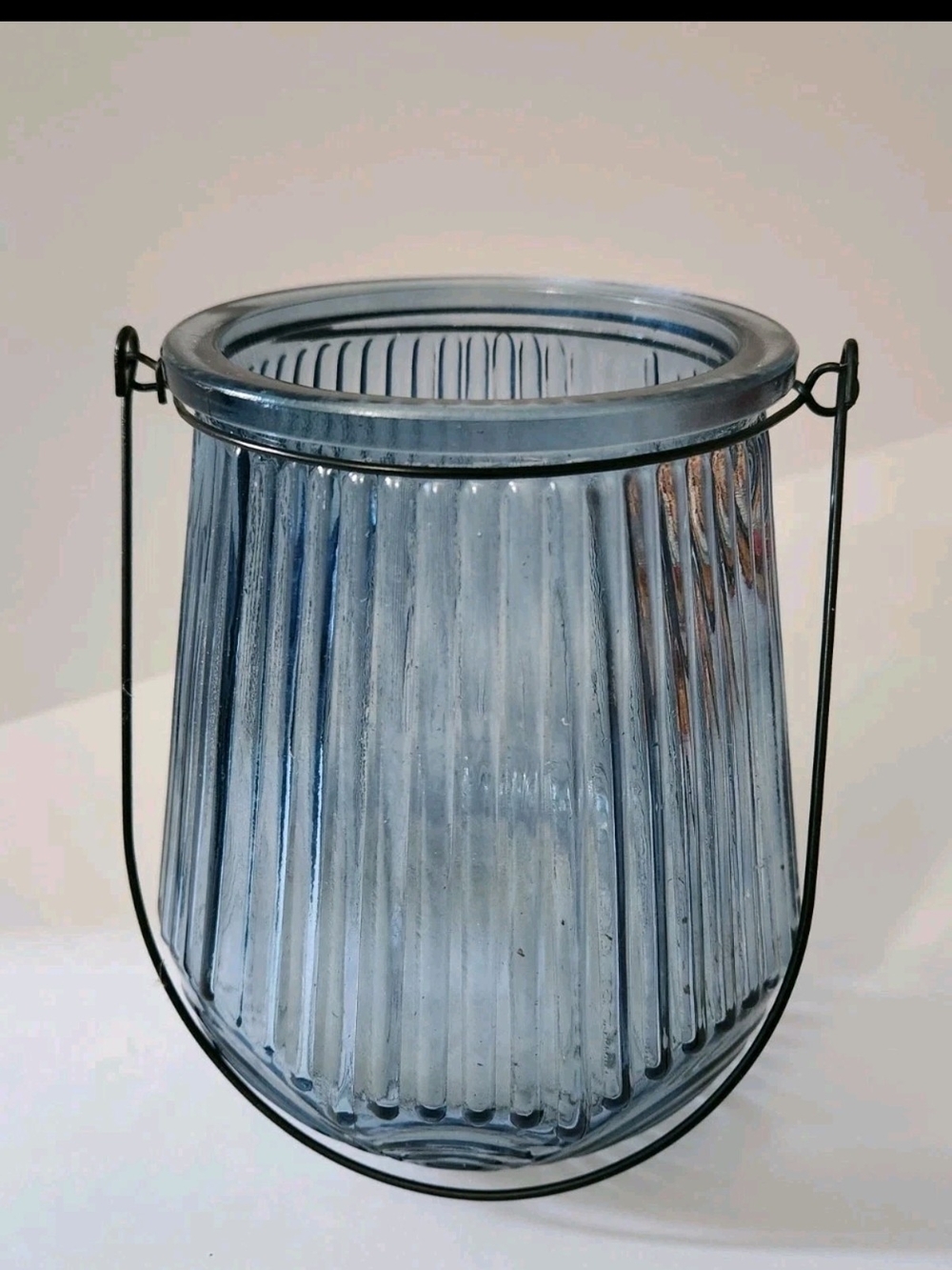 6 Inch Tall Blue Ribbed Glass Candle Lantern with Black Wire Handle